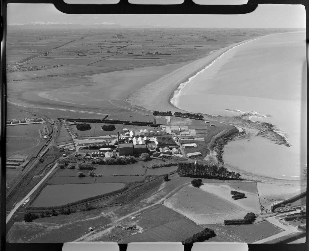 Freezing Works, Timaru, Washdyke Lagoon. Oct 1956. Whites Aviation Collection, Alexander Turnbull Library WA-42377-F